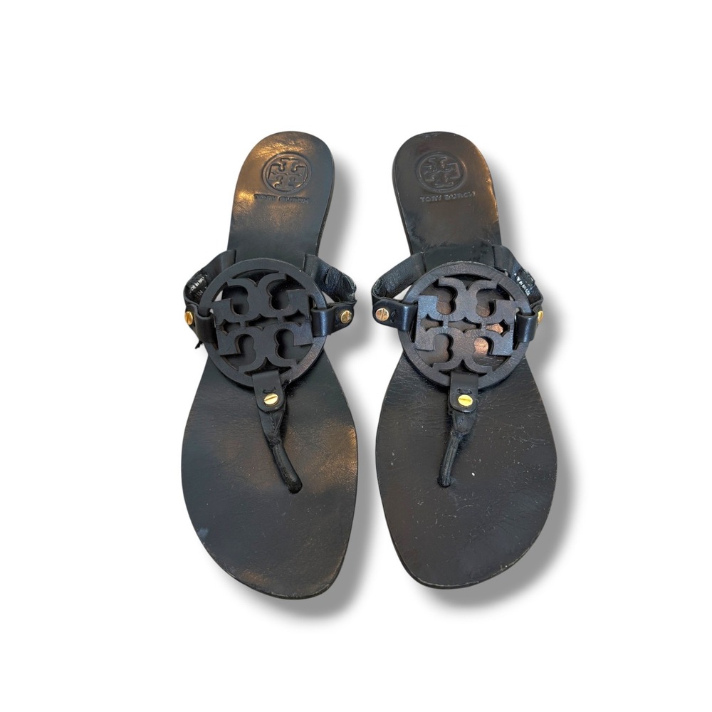 Tory Burch Miller Kitten Heel Thong Sandals Womens 11 Black Leather Logo Repair